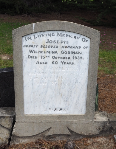 Headstone of Joseph and Wilhelmina Gorinski.