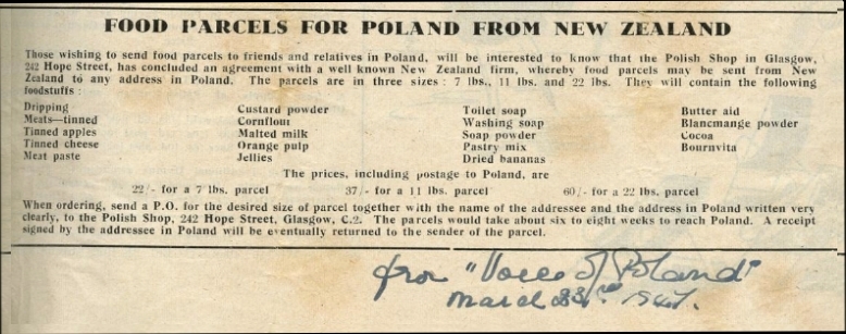 A copy of the written advertisement, with lists of food.