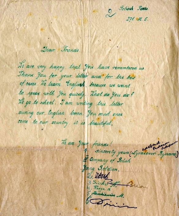 A letter now 
   sepia-coloured, written in green ink and signed by six Polish cadets