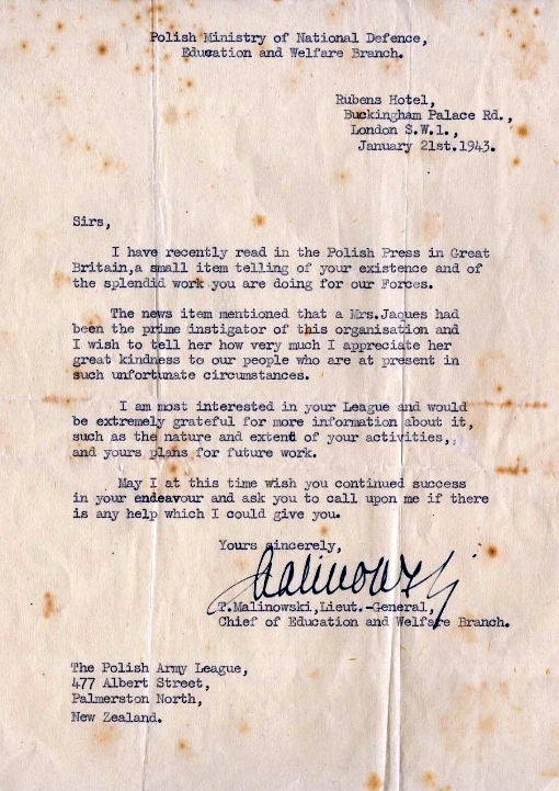 A typed letter from 
   the Polish Chief of Education and Welfare in London, praising Mrs Jacques and her work 