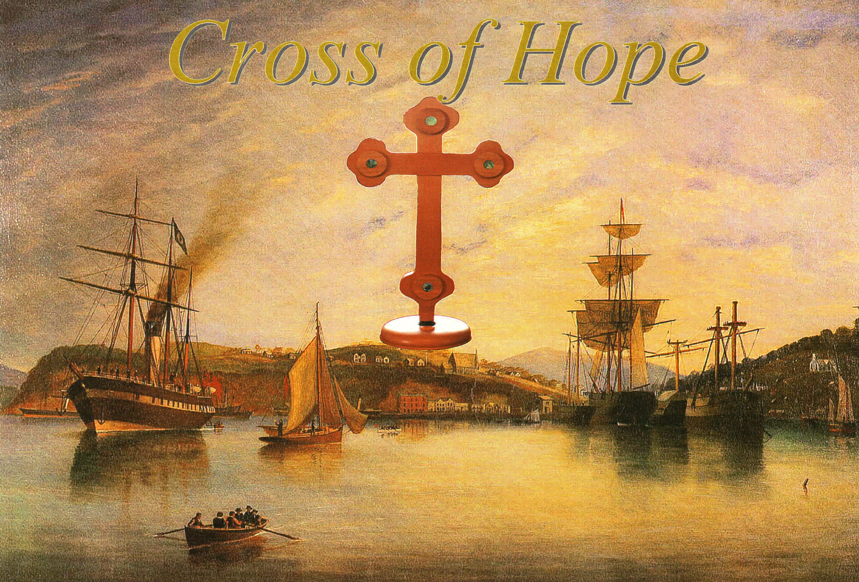 The cross 
superimposed on an old photograph of Otago Harbour