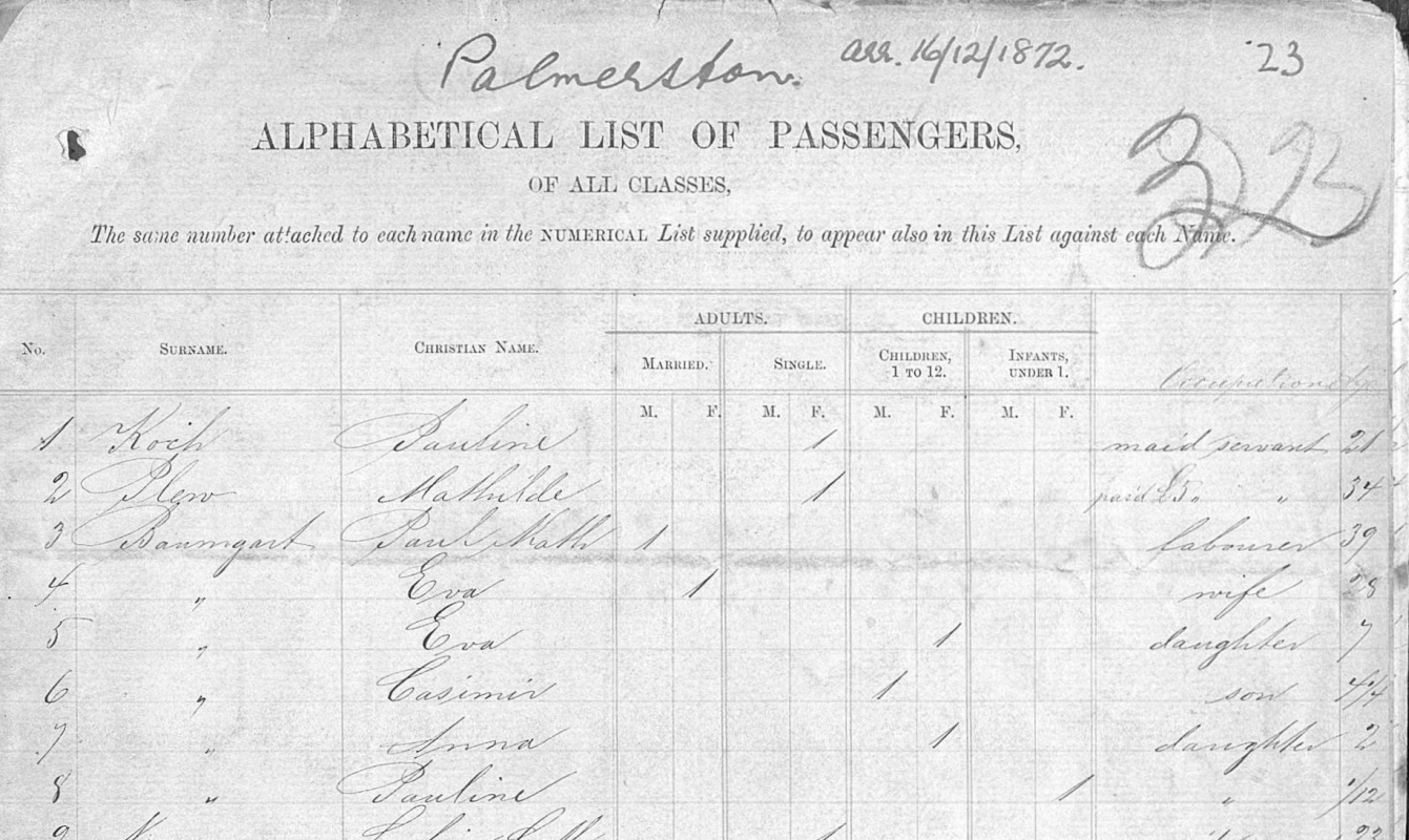 Page one of the 
Palmerston's passenger list with the Baumgardt family.