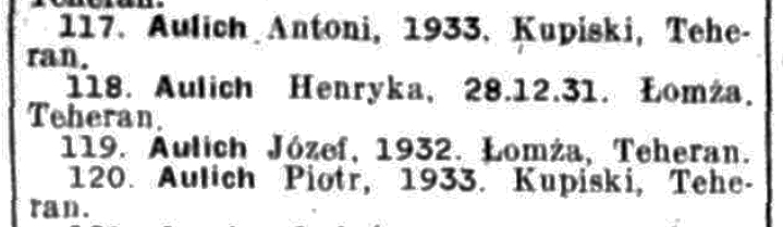 Henia, 
Józef, Piotr and Antoni's names on the List of Polish Evacuees from the USSR