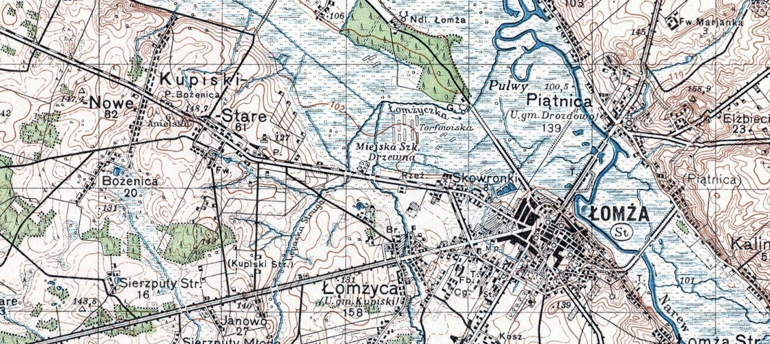 A countour map   
Łomża and the Kupiski environs, showing roads, rail and buildings