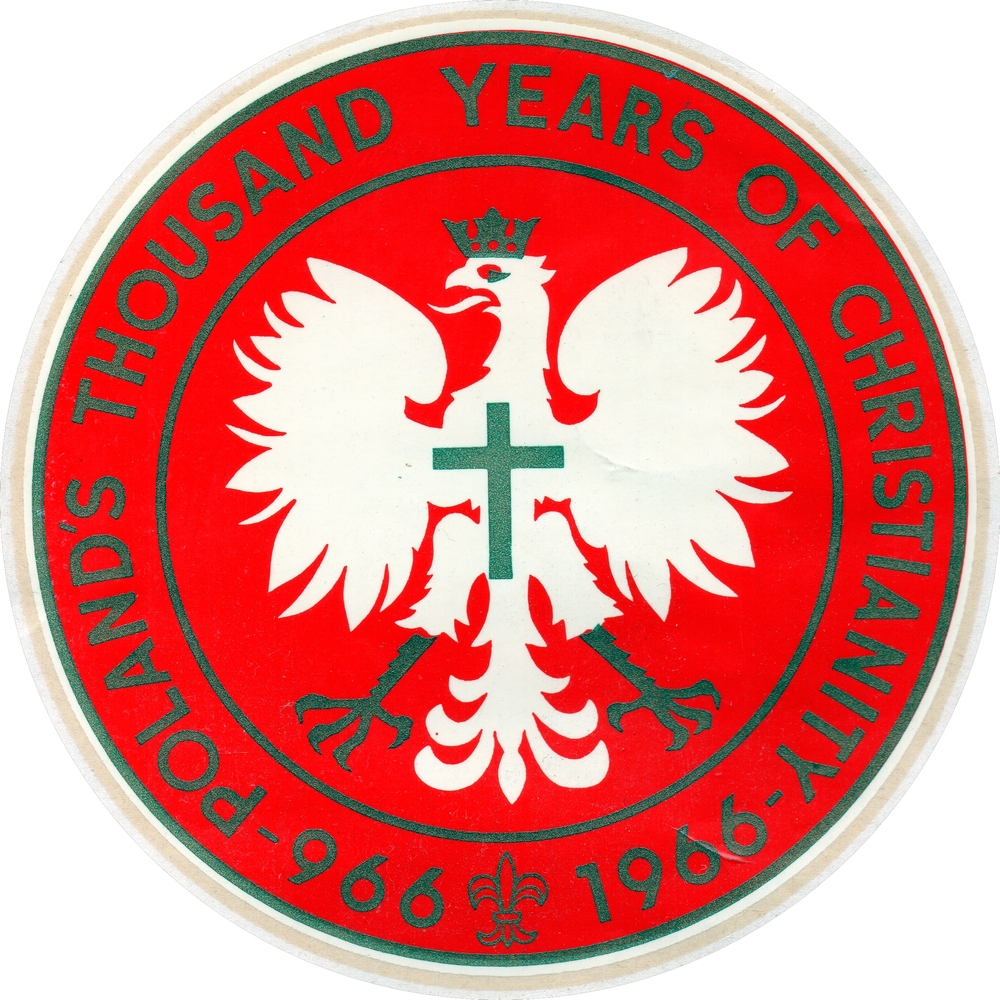 a decal, showing the 
Polish coat of arms on a red background and gold lettering