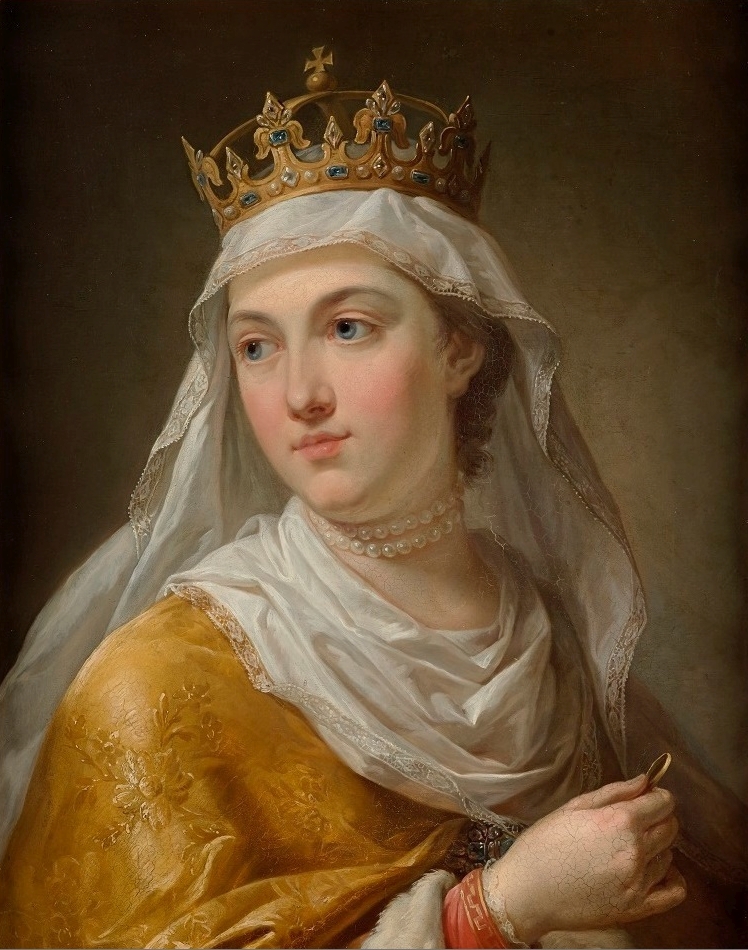 A serene painting of Queen 
Jadwiga dressed in gold brocade trimmed with a silk scarf and veil, a double string of pearls around her neck and wearing a 
crown.