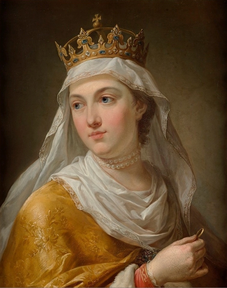 A serene painting of 
Queen Jadwiga dressed in gold brocade trimmed with a silk scarf and veil, a double string of pearls around her neck and 
wearing a crown.