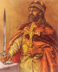 A gold-red 
toned portrait of Mieszko olding a cross to his cest and a sword on an altar.