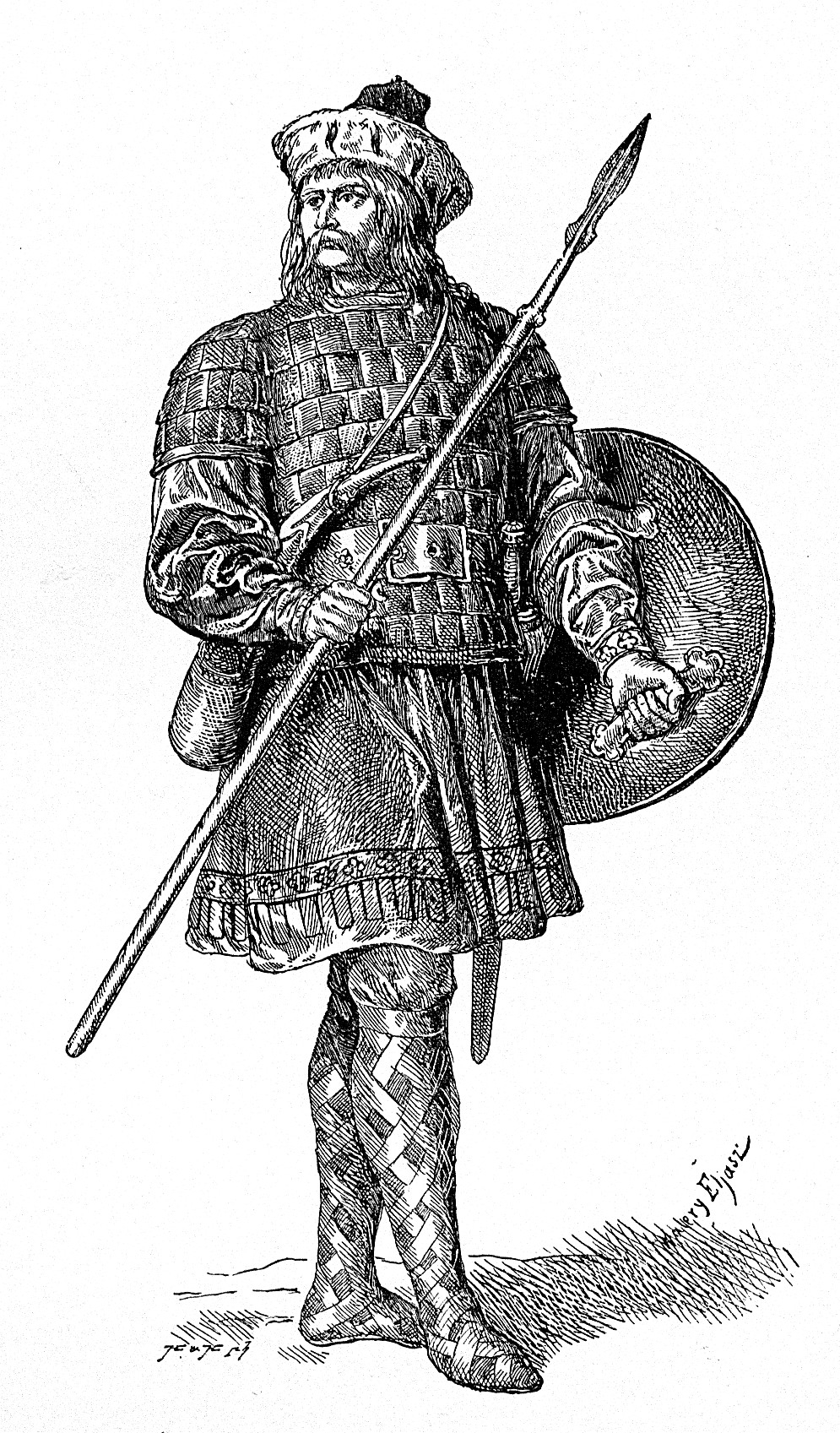 a detailed line drawing of 
Siemowit in battle regalia and holding a sword in one hand and a round shield in the other.