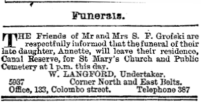 The newspaper 
advertisement for Annie's funeral