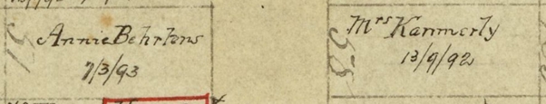 Neat, 
hand-written notations on yellowed paper show the gran=ve numbers and the dates of the sisters' burials.