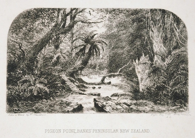 A black and white sketch 
up a fast-running stream, with rocks in the foregrouns, dense bush on either side, and a bird perched at the top of a 
tree