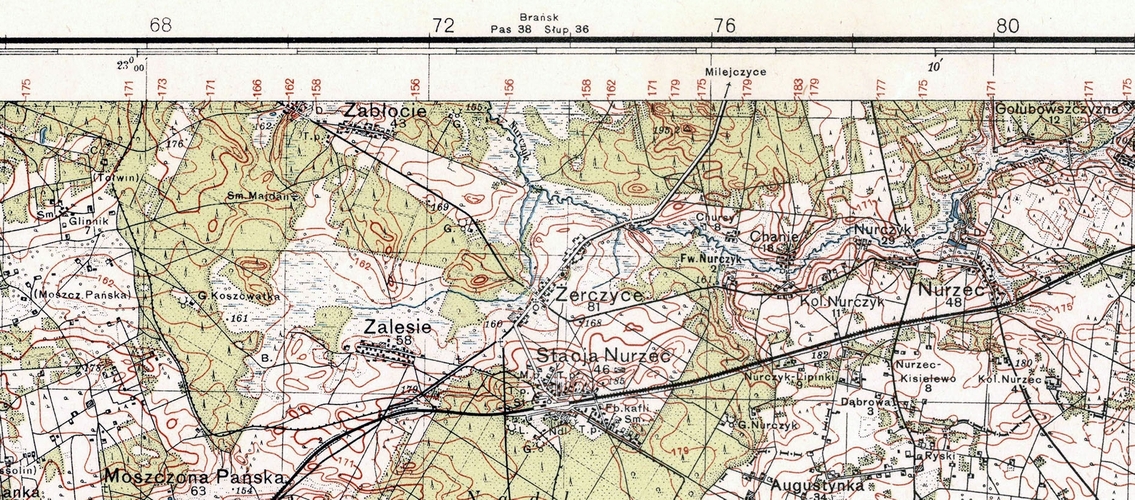 A slice of a 
topographical map, showing the many forests in green, contours in red and roads and railways and building in black.