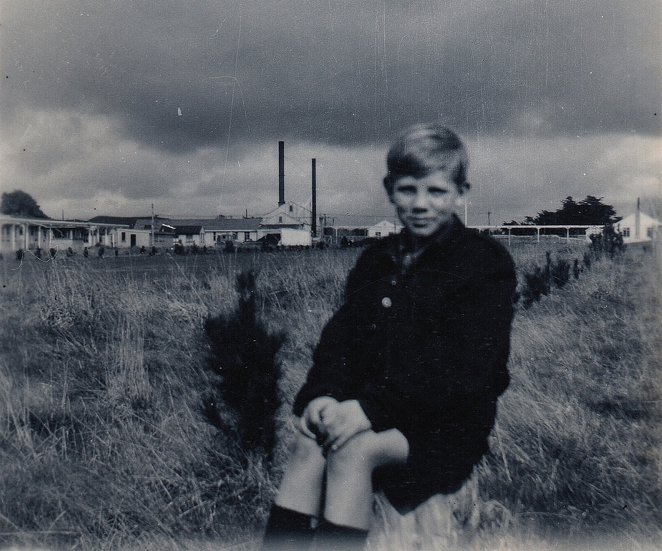 A black and 
white photograph of a little blond boy in the foreground dressed in dark shorts, dark socks, dark shirt, dark jacket, and 
sitting on a stump in a field. The camp is in the background, the two distinct chimneys visible, and a dark cloud hovering.