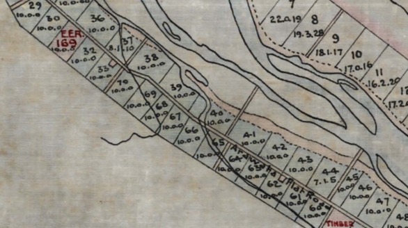 Close-up map 
of Thomas Beveridge's section on the Arawata River