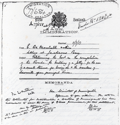 Front page of a 
Department of Immigration letterhead, showing from whom the petition is from, and with space underneath for officials' 
comments