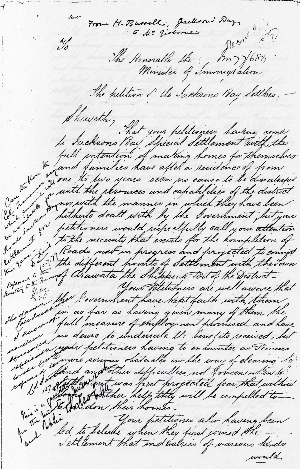 First page of the 
petition, neat handwriting, with notes scribbled in the margins.