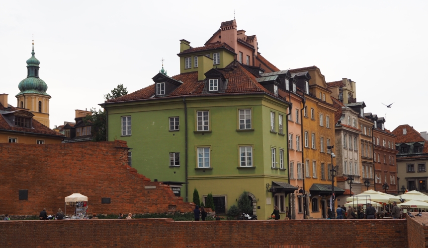 Corner of 
Warsaw Old Town Castle Square, with a close-up of the end of the wall