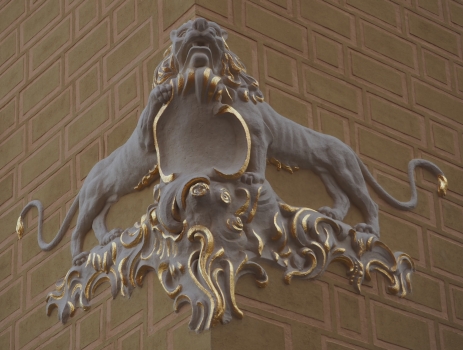 Lion gilt detailing 
on the corner of John House 2016