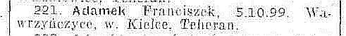 Grainy 
image of the name of Franciszek Adamek on the Red Cross list.