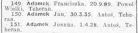 Grainy image of the names of Franciszka, Joanna and Jan Adamek on the Red Cross list.