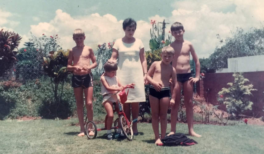 Joanna 
and her children in their Durban garden, Joanna and Anna in summer dresses and the three boys in swimming trunks.