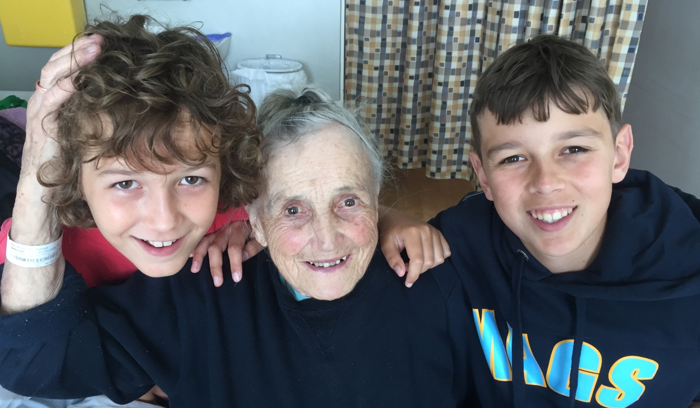 Joanna with  
her grandsons, close-up pic taken in hospital.