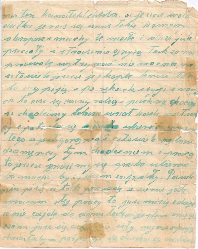 Page three of 
Bronisława’s last letter, yellowed, tape marks along the folds, simple handwriting.