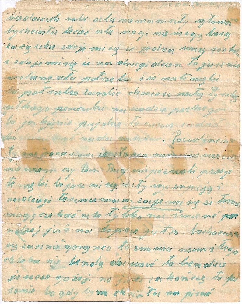 Page four of 
Bronisława’s last letter, same condition as previous page, ends abruptly at end of page.