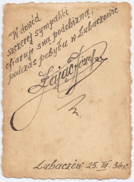 Back of same 
photograph showing Józef's unmistakable flamboyant signature.