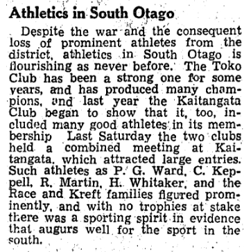 A copy of the 
newspaper article about an athletics meeting where the Kreft family featured predominantly