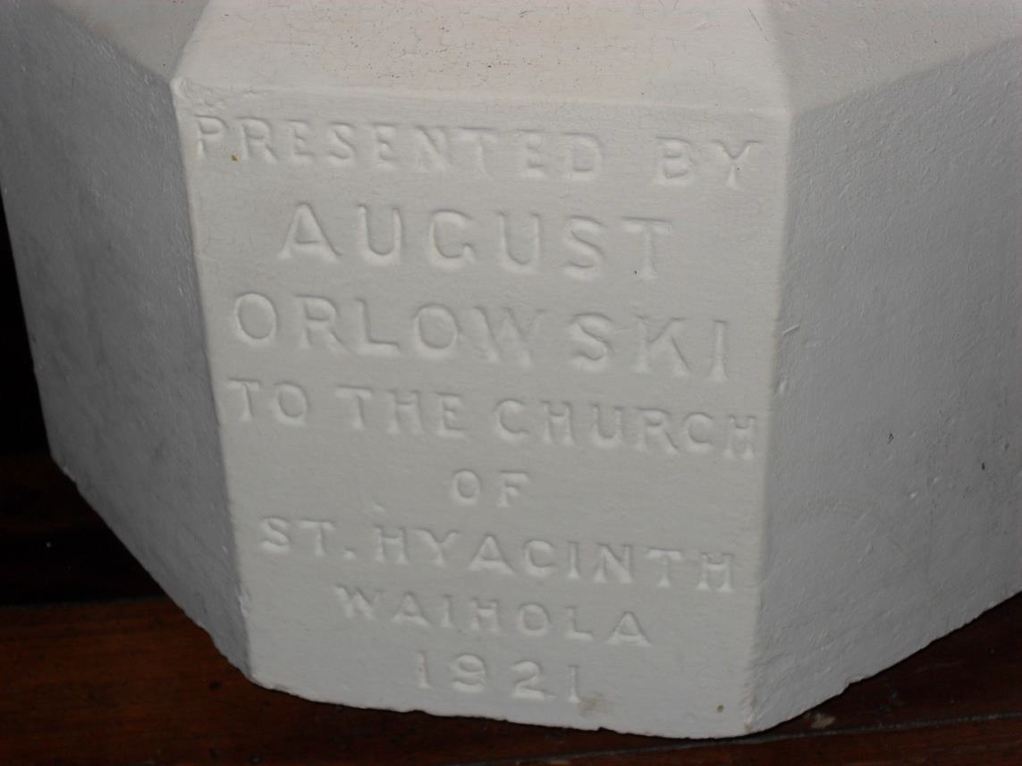 A close-up of the Orlowski font 
in the Broad Bay church