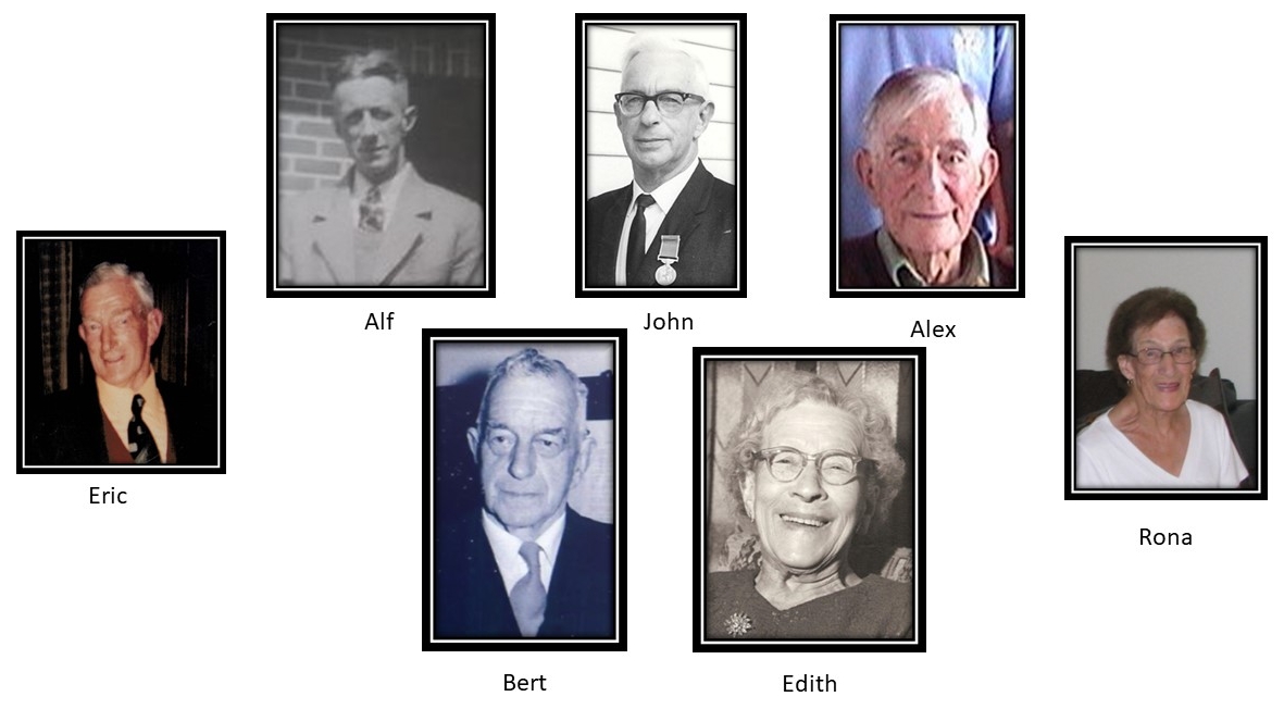 A collage of head-shots of Bert 
and Edith in the middle and their five children around them.