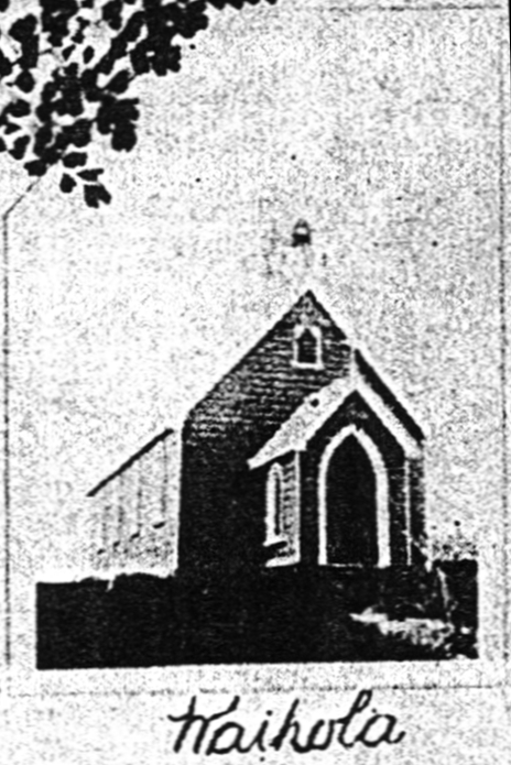 Grainy black and white 
postcard photograph of the St Hyacinth Catholic Church in Waihola