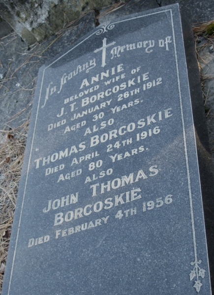 Headstone of Thomas Borkoskie, his son, John Thomas and John Thomas's wife, Annie