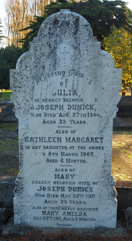 Headstone of Joseph 
Dunick's, two wives and two daughters
