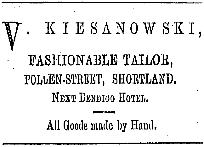 Kiesanowski advert 
from Thames Advertiser