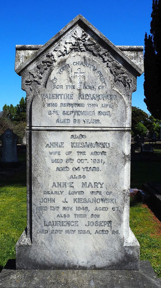 Headstone of Valentine and Annie Kiesanowski, their son John's wife, and their grandson, Laurence Joseph.
