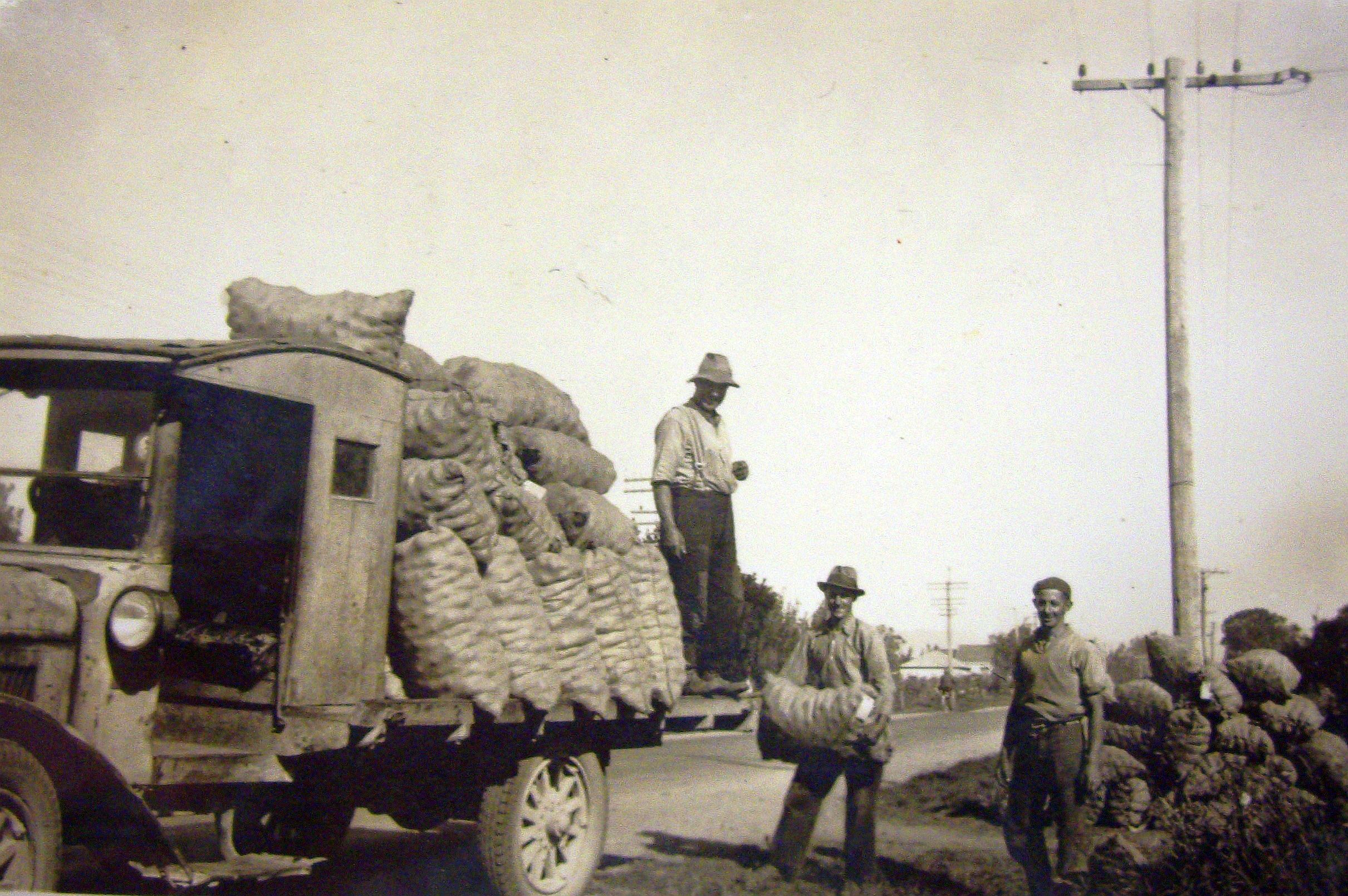 Three men 
load a truck with bags of onions.
