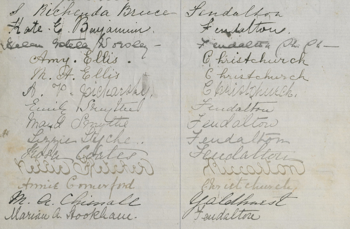 A snip from the 
historical suffrage petition, showing Anastasia's name among several other women from Christchurch and Fendalton.