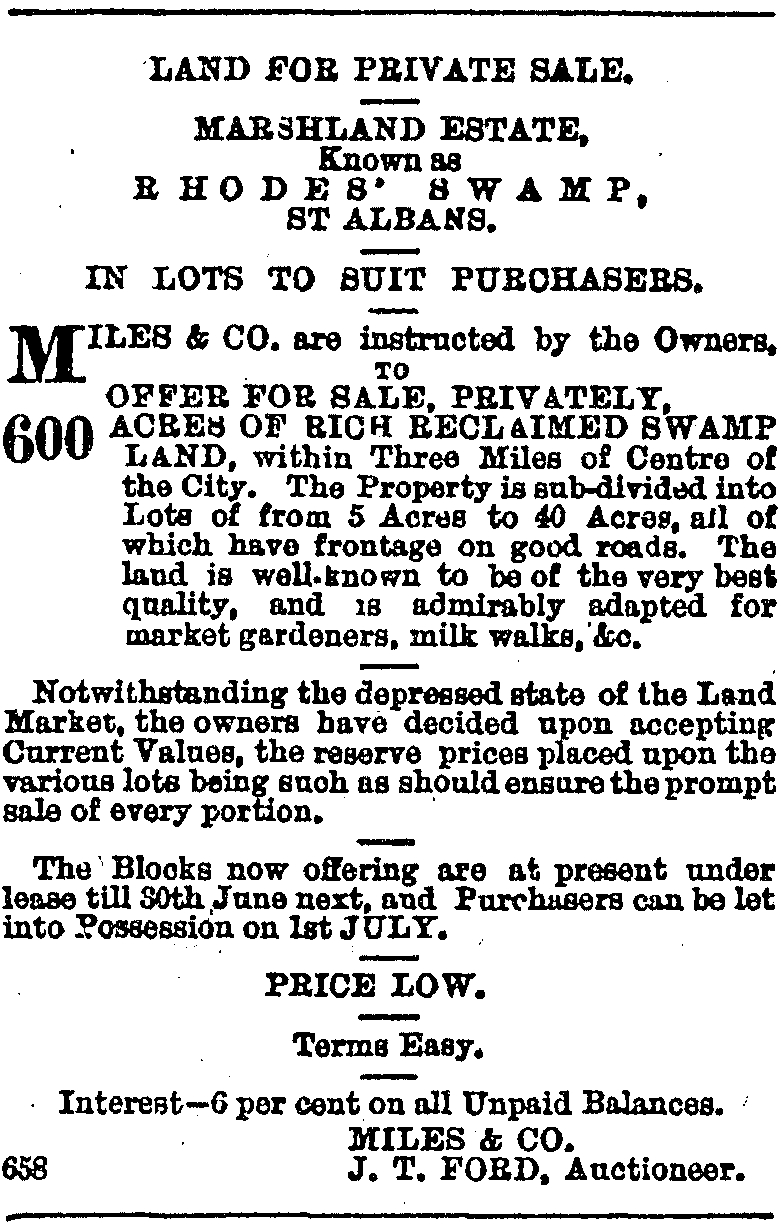 Advertisement for Rhodes
Swamp, 8 May 1886