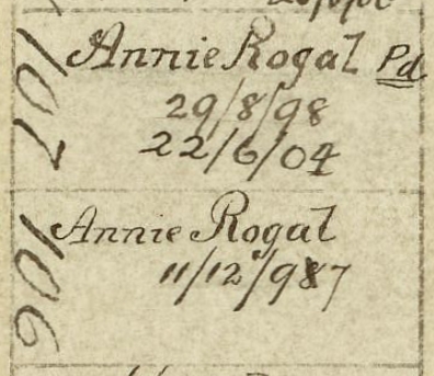 A snip of the 
hand-writted plans of Linwood cemetery showing Annie Rogal's name on gravesites 106 and 107