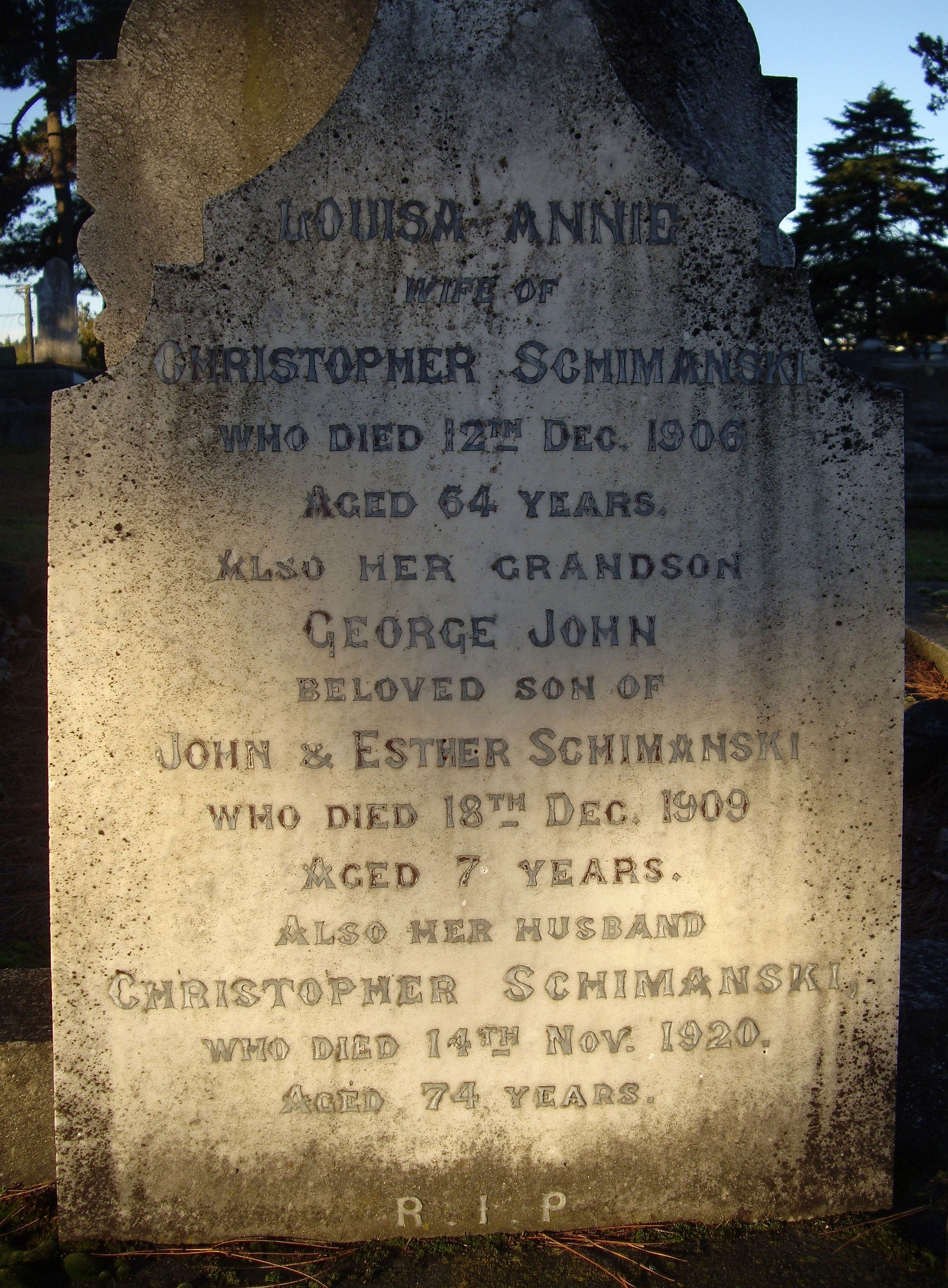 Headstone of  
Christopher and Louisa Schimanski, Linwood cemetery