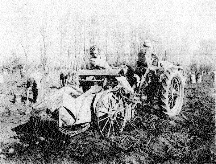 old 
   newspaper pic of two people in a tractor, one driving, the other watching a harvesting. Behind then are two more people 
   bent over in the field