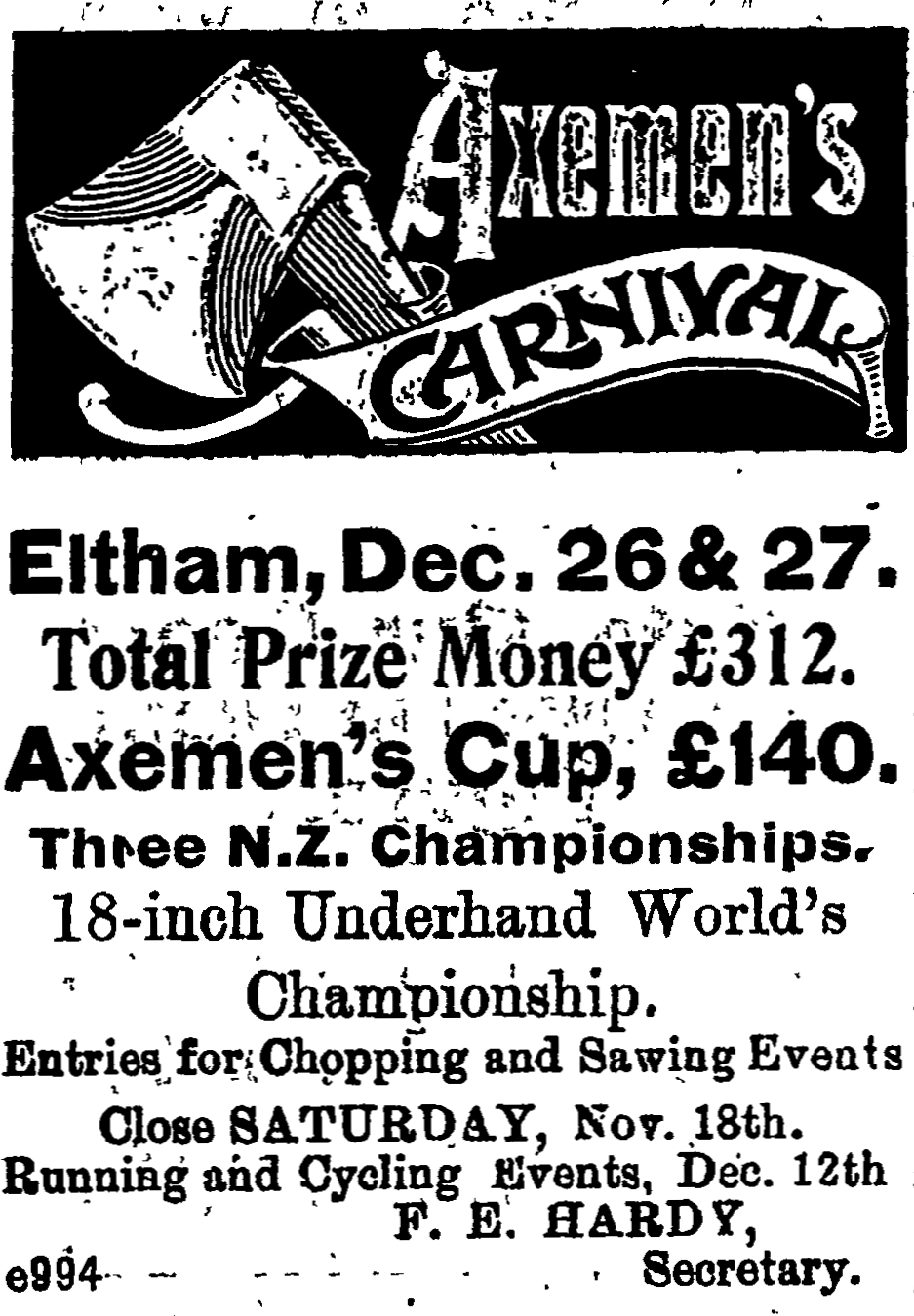 Newspaper 
advertisement for the Axemen's Cup