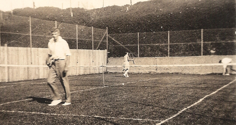 John Lovelock in the foreground of the Orlowski tennis court