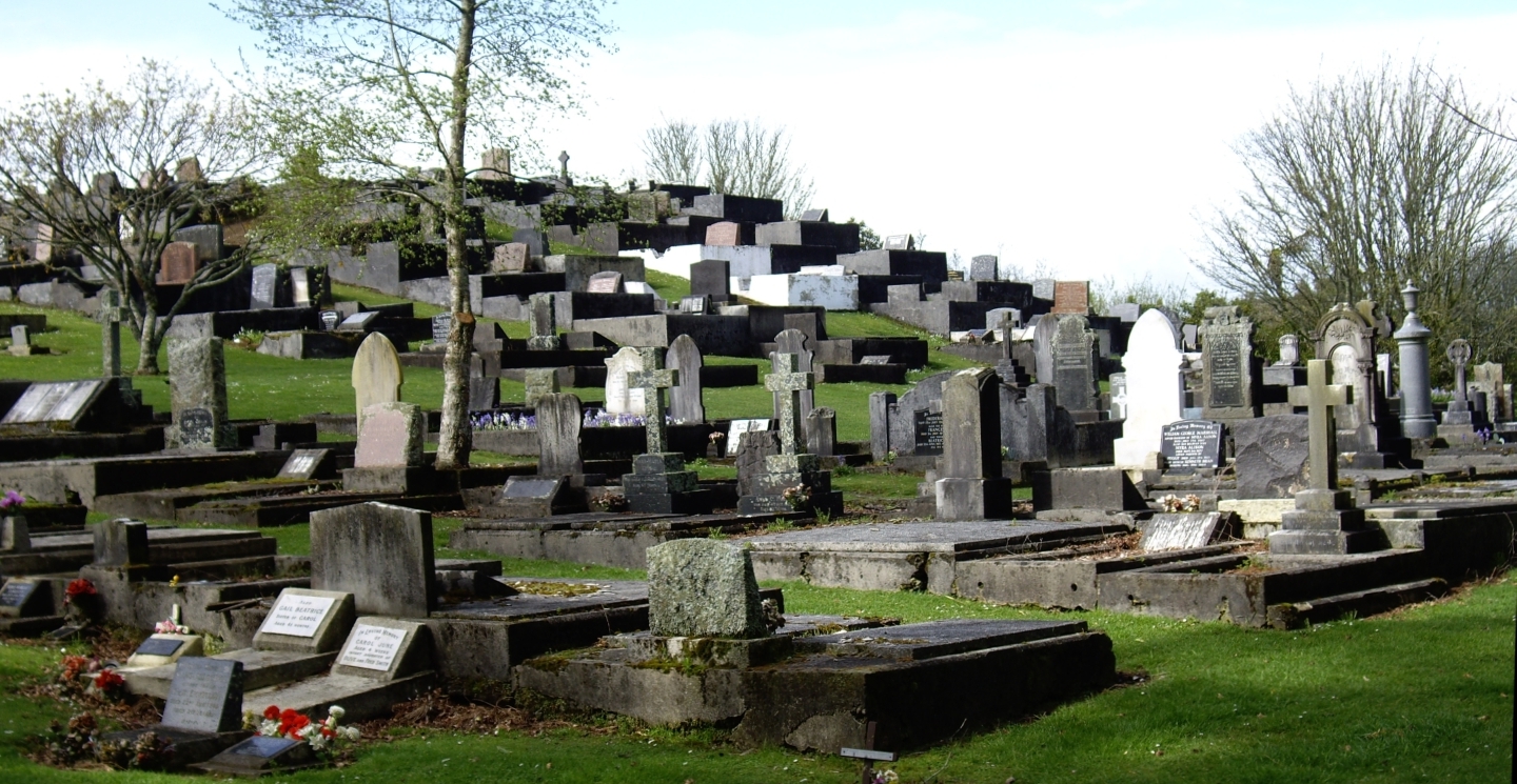 View of headstones up the hill at the Inglewood cemetery.