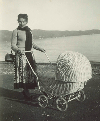 Stasia 
pushing a pram in Petone