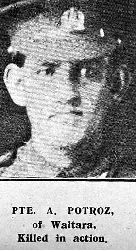 Grainy, black 
and white newspaper pic and cattion of Pte. A. Potroz of Waitara, Killed in action.
