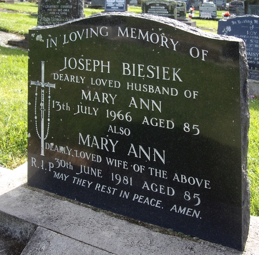 Joseph Biesieks 
and his wife Mary Ann's headstone.